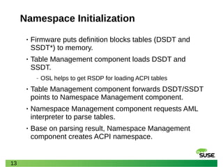 13
Namespace Initialization
• Firmware puts definition blocks tables (DSDT and
SSDT*) to memory.
• Table Management component loads DSDT and
SSDT.
‒ OSL helps to get RSDP for loading ACPI tables
• Table Management component forwards DSDT/SSDT
points to Namespace Management component.
• Namespace Management component requests AML
interpreter to parse tables.
• Base on parsing result, Namespace Management
component creates ACPI namespace.
 