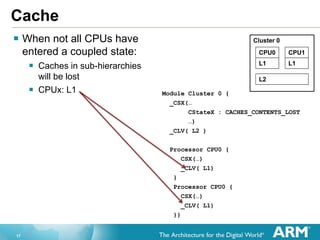 17
Cache
 When not all CPUs have
entered a coupled state:
 Caches in sub-hierarchies
will be lost
 CPUx: L1 Module Cluster 0 {
_CSX(…
CStateX : CACHES_CONTENTS_LOST
…)
_CLV( L2 )
Processor CPU0 {
CSX(…)
_CLV( L1)
}
Processor CPU0 {
CSX(…)
_CLV( L1)
}}
L1
CPU1
L1
CPU0
Cluster 0
L2
 