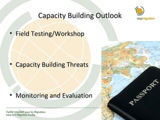 Capacity Building Outlook
• Field Testing/Workshop
• Capacity Building Threats
• Monitoring and Evaluation
 
