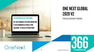 FOCUS BRAND PQR66
ONENEXTGLOBAL
2020V2
AUDIENCES PRESSE ACPM3
LESCHIFFRESCLÉSÀRETENIR
84%DESFRANÇAISLECTEURSBRANDPQR
27MDEMOBINAUTESPOURLAPQR
TOUJOURS+32MDELECTEURSPRINT
 