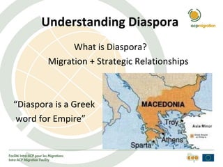 Understanding Diaspora
              What is Diaspora?
        Migration + Strategic Relationships



“Diaspora is a Greek
 word for Empire”
 
