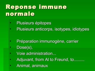 Reponse immuneReponse immune
normalenormale
• Plusieurs épitopesPlusieurs épitopes
• Plusieurs anticorps, isotypes, idioty...