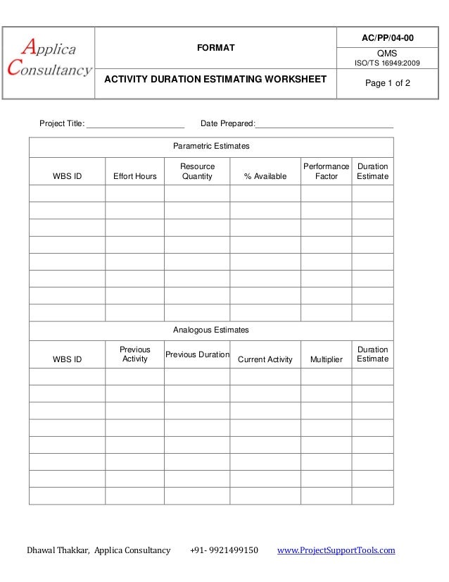 activity duration estimate ready template