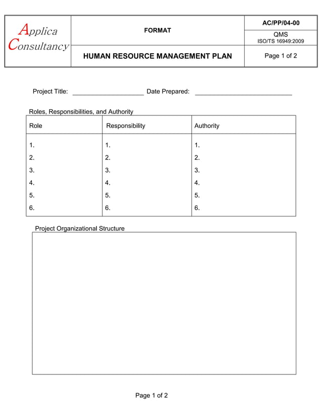 human resource management plan : ready template | PDF