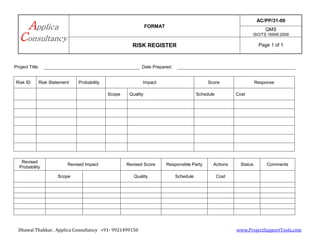FORMAT
AC/PP/31-00
QMS
ISO/TS 16949:2009
RISK REGISTER Page 1 of 1
Dhawal Thakkar, Applica Consultancy +91- 9921499150 www.ProjectSupportTools.com
Project Title: Date Prepared:
Risk ID Risk Statement Probability Impact Score Response
Scope Quality Schedule Cost
Revised
Probability
Revised Impact Revised Score Responsible Party Actions Status Comments
Scope Quality Schedule Cost
 