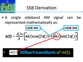 SSB Derivation
• A single sideband AM signal can be
represented mathematically as:
USSB AM
LSSB AM
 