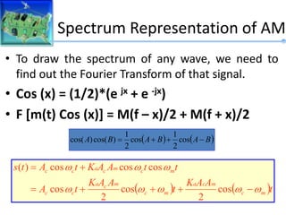 Spectrum Representation of AM
• To draw the spectrum of any wave, we need to
find out the Fourier Transform of that signal.
• Cos (x) = (1/2)*(e jx + e -jx)
• F [m(t) Cos (x)] = M(f – x)/2 + M(f + x)/2
   
B
A
B
A
B
A 


 cos
2
1
cos
2
1
)
cos(
)
cos(
   t
A
A
K
t
A
A
K
t
A
t
t
A
A
K
t
A
t
s
m
c
m
c
a
m
c
m
c
a
c
c
m
c
m
c
a
c
c















cos
2
cos
2
cos
cos
cos
cos
)
(
 