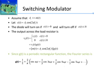 Switching Modulator
• Assume that
• Let
• The diode will turn on if and will turn off if
• The output across the load resistor is
• Since g(t) is a periodic rectangular function, the Fourier series is
)
(t
m
Ac 
0
)
( 
t
c 0
)
( 
t
c
)
2
cos(
)
( t
f
A
t
c c
c 

)
(
)]
2
cos(
)
(
[
)
(
)
(
0
)
(
0
0
)
(
)
(
)
(
0
t
g
t
f
A
t
m
t
g
t
v
t
c
t
c
t
v
t
v
c
c
i
i










 