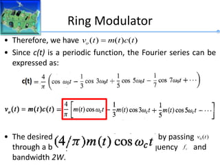 Ring Modulator
• Therefore, we have
• Since c(t) is a periodic function, the Fourier series can be
expressed as:
• The desired DSB-SC AM signal is obtained by passing
through a bandpass filter with center frequency and
bandwidth 2W.
)
(
)
(
)
( t
c
t
m
t
vo 
)
(
0 t
v
c
f
 