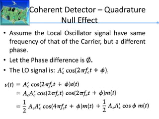 Coherent Detector – Quadrature
Null Effect
• Assume the Local Oscillator signal have same
frequency of that of the Carrier, but a different
phase.
• Let the Phase difference is Ø.
• The LO signal is:
 
