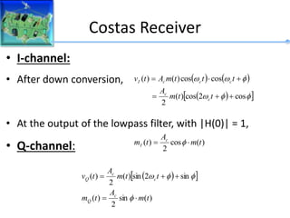 Costas Receiver
• I-channel:
• After down conversion,
• At the output of the lowpass filter, with |H(0)| = 1,
• Q-channel:
   
 
 






cos
2
cos
)
(
2
cos
cos
)
(
)
(






t
t
m
A
t
t
t
m
A
t
v
c
c
c
c
c
I
)
(
cos
2
)
( t
m
A
t
m c
I 
 
 
 


 sin
2
sin
)
(
2
)
( 

 t
t
m
A
t
v c
c
Q
)
(
sin
2
)
( t
m
A
t
m c
Q 
 
 