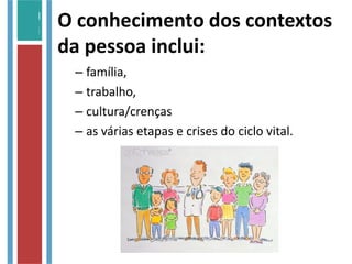 O conhecimento dos contextos
da pessoa inclui:
– família,
– trabalho,
– cultura/crenças
– as várias etapas e crises do ciclo vital.
 