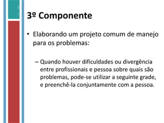 3º Componente
• Elaborando um projeto comum de manejo
para os problemas:
– Quando houver dificuldades ou divergência
entre profissionais e pessoa sobre quais são
problemas, pode-se utilizar a seguinte grade,
e preenchê-la conjuntamente com a pessoa.
 