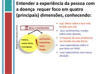 Entender a experiência da pessoa com
a doença requer foco em quatro
(principais) dimensões, conhecendo:MétodoClínicoCentradonaPessoa
dicas e movimentos
• história,
• exame clínico,
• investigação.
• sentimentos,
• expectativas,
• ideias,
• função.
• suas ideias sobre o que está
errado com ela;
• seus sentimentos, medos
sobre estar doente;
• o impacto de seus problemas
nas tarefas da vida diária;
• suas expectativas sobre o
que deve ser feito;
• suas expectativas com nossa
atuação.
 