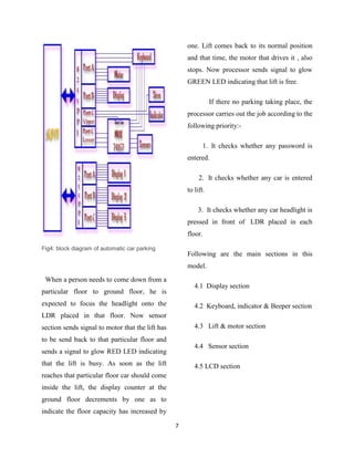 one. Lift comes back to its normal position
                                                      and that time, the motor that drives it , also
                                                      stops. Now processor sends signal to glow
                                                      GREEN LED indicating that lift is free.

                                                                 If there no parking taking place, the
                                                      processor carries out the job according to the
                                                      following priority:-

                                                             1. It checks whether any password is
                                                      entered.

                                                           2. It checks whether any car is entered
                                                      to lift.

                                                          3. It checks whether any car headlight is
                                                      pressed in front of LDR placed in each
                                                      floor.

Fig4: block diagram of automatic car parking
                                                      Following are the main sections in this
                                                      model.
 When a person needs to come down from a
                                                         4.1 Display section
particular floor to ground floor, he is
expected to focus the headlight onto the                 4.2 Keyboard, indicator & Beeper section
LDR placed in that floor. Now sensor
section sends signal to motor that the lift has          4.3 Lift & motor section
to be send back to that particular floor and
                                                         4.4 Sensor section
sends a signal to glow RED LED indicating
that the lift is busy. As soon as the lift               4.5 LCD section
reaches that particular floor car should come
inside the lift, the display counter at the
ground floor decrements by one as to
indicate the floor capacity has increased by

                                                  7
 