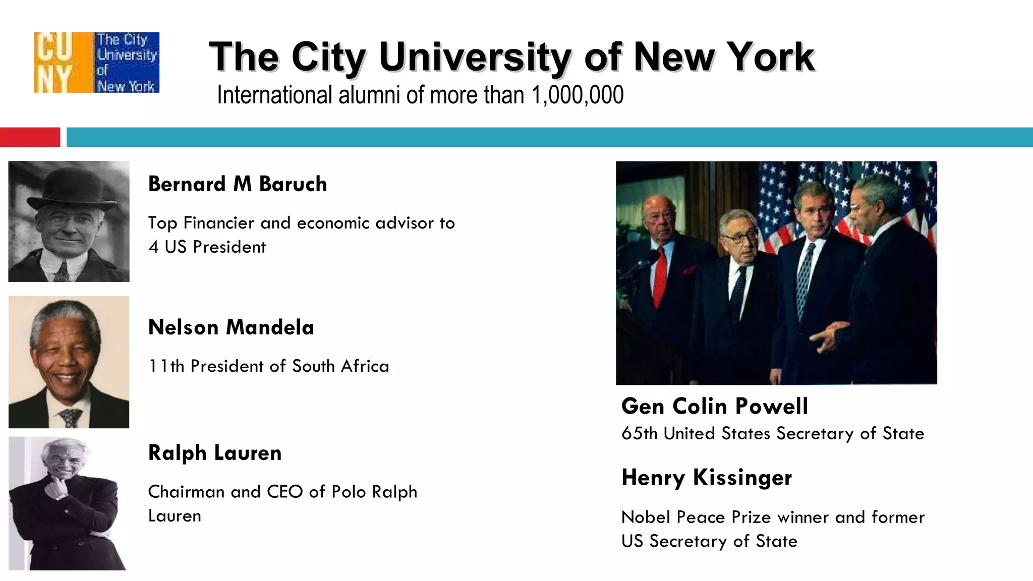 The City University of New York Bernard M Baruch Top Financier and economic advisor to 4 US President Nelson Mandela 11th President of South Africa Ralph Lauren Chairman and CEO of Polo Ralph Lauren Gen Colin Powell 65th United States Secretary of State Henry Kissinger  Nobel Peace Prize winner and former US Secretary of State International alumni of more than 1,000,000 