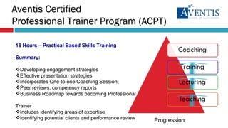 18 Hours – Practical Based Skills Training Summary: Developing engagement strategies  Effective presentation strategies Incorporates One-to-one Coaching Session,  Peer reviews, competency reports  Business Roadmap towards becoming Professional  Trainer Includes identifying areas of expertise Identifying potential clients and performance review Progression Aventis Certified  Professional Trainer Program (ACPT) 