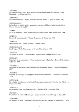 305.56 BEA f
La France invisible / sous la direction de Stéphane Beaud, Joseph Confavreux et Jade
Lindgaard. - La Découverte, 2006

305.8 BOU c
Le communautarisme : mythes et réalités / Laurent Bouvet. - Lignes de repères, 2007

305.908 16 BLA h
Le handicap ou le désordre des apparences / ouvrage publié sous la direction de Marco
Oberti. - Armand Colin, 2006

306 BEN f
La fin de l'exotisme : essais d'anthropologie critique / Alban Bensa. - Anacharsis, 2006

306 BOU c
La crise de la représentation / Daniel Bougnoux. - la Découverte, 2006

306 MER f
Francoscopie 2007 / Gérard Mermet. – Larousse. -2006

306.089 44 MAU f
Les Français / Nelly Mauchamp. - le Cavalier bleu éditions, 2006

306.3 BLI s
Sociologie de l'argent / Damien de Blic, Jeanne Lazarus. - La Découverte, 2007

306.36 ALT s
Sociologie du monde du travail / [sous la direction de] Norbert Alter. - Presses Universitaires
de France, 2006

306.36 DUP s
Sociologie de l'entreprise / sous la direction de Jean-Pierre Dupuis. - Chenelière éducation,
2007

306.36 POT e
Éléments de sociologie de l'entreprise / Danielle Potocki Malicet. - Economica : Anthropos,
2006

306.362 VAZ t
La traite des êtres humains : réalités de l'esclavage contemporain / Georgina Vaz Cabral. - La
Découverte, 2006

306.4 HAT c
La culture des cités : une énergie positive / Marc Hatzfeld. - Autrement, 2006

306.4 LEG h
Une histoire du corps au Moyen Âge / Jacques Le Goff, Nicolas Truong. - L. Levi, 2003

306.4 MAR d
Dictionnaire du corps / publié sous la direction de Michela Marzano. - Quadrige-PUF, 2007


                                              14
 