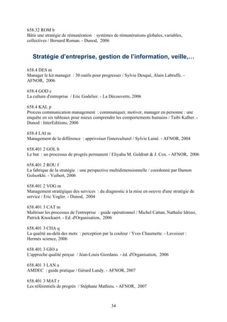 658.32 ROM b
Bâtir une stratégie de rémunération : systèmes de rémunérations globales, variables,
collectives / Bernard Roman. - Dunod, 2006


   Stratégie d’entreprise, gestion de l’information, veille,…

658.4 DES m
Manager le kit manager : 30 outils pour progresser / Sylvie Desqué, Alain Labruffe. -
AFNOR, 2006

658.4 GOD c
La culture d'entreprise / Eric Godelier. - La Découverte, 2006

658.4 KAL p
Process communication management : communiquer, motiver, manager en personne : une
enquête en six tableaux pour mieux comprendre les comportements humains / Taibi Kalher. -
Dunod : InterEditions, 2006

658.4 LAI m
Management de la différence : apprivoiser l'interculturel / Sylvie Lainé. - AFNOR, 2004

658.401 2 GOL b
Le but : un processus de progrès permanent / Eliyahu M. Goldratt & J. Cox. - AFNOR, 2006

658.401 2 ROU f
La fabrique de la stratégie : une perspective multidimensionnelle / coordonné par Damon
Golsorkhi. - Vuibert, 2006

658.401 2 VOG m
Management stratégique des services : du diagnostic à la mise en oeuvre d'une stratégie de
service / Eric Vogler. - Dunod, 2004

658.401 3 CAT m
Maîtriser les processus de l'entreprise : guide opérationnel / Michel Cattan, Nathalie Idrissi,
Patrick Knockaert. - Ed. d'Organisation, 2006

658.401 3 CHA q
La qualité au-delà des mots : perception par la couleur / Yves Chaumette. - Lavoisier :
Hermès science, 2006

658.401 3 GIO a
L'approche qualité perçue / Jean-Louis Giordano. - éd. d'Organisation, 2006

658.401 3 LAN a
AMDEC : guide pratique / Gérard Landy. - AFNOR, 2007

658.401 3 MAT r
Les référentiels de progrès / Stéphane Mathieu. - AFNOR, 2007



                                               34
 