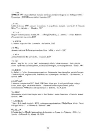 327 IFR r
RAMSES 2007 : rapport annuel mondial sur le système économique et les stratégies / IFRI. -
Economica : [Diff.] Documentation française, 2007


330 ETA
L'Etat du monde 2007: annuaire économique et géopolitique mondial / sous la dir. de François
Gèze, Yves Lacoste…. - Maspéro, 2007

330 GAM i
Images économiques du monde 2007 / J. Beaujeu-Garnier, A. Gamblin. - Société d'édition
d'enseignement supérieur, 2007

330.9 MON
Le monde en poche / The Economist. - Tallandier, 2007

378 ANN
Annuaire national de l'enseignement supérieur [public et privé]. - 2007

378 ANN
Annuaire national des universités. - Etudiant, 2007

378 GUI
Guide Lamy des 3es cycles: 2007 : mastères spécialisés, MBA & masters : droit, gestion,
écoles supérieures de management, sciences économiques, sciences politiques. - Lamy, 2007

423.41 ROB
Le Robert et Collins du management pratique: dictionnaire français-anglais, anglais-français,
= french-english, english-french dictionary / texte établi par Alain Duval. - Dictionnaires Le
Robert, 2000

658.827 ANN
L'annuaire des marques 2007: food, DPH, brun, blanc, gris, bricolage-jardinage, culture-
loisirs, bazar léger, textile-habillement : 2500 fournisseurs de produits de grande
consommation, 900 fournisseurs de marques de distribut. - LSA, 2006

704.9 DIC
Dictionnaire mondial des images/ sous la direction de Laurent Gervereau. - Nouveau Monde
éditions, 2006

741.503 BER t
Trésors de la bande dessinée: BDM : catalogue encyclopédique / Michel Béra, Michel Denni,
Philippe Mellot. - Les éditions de l'Amateur, 2006

902.02 ANN
L'Année dans Le Monde: les principaux événements en France et à l'étranger : 2006 / Le
Monde. - Gallimard : Le Monde éd., 2006




                                              53
 