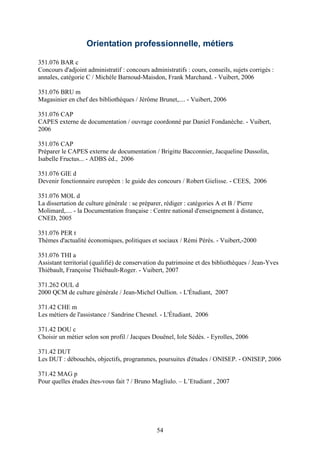 Orientation professionnelle, métiers

351.076 BAR c
Concours d'adjoint administratif : concours administratifs : cours, conseils, sujets corrigés :
annales, catégorie C / Michèle Barnoud-Maisdon, Frank Marchand. - Vuibert, 2006

351.076 BRU m
Magasinier en chef des bibliothèques / Jérôme Brunet,.... - Vuibert, 2006

351.076 CAP
CAPES externe de documentation / ouvrage coordonné par Daniel Fondanèche. - Vuibert,
2006

351.076 CAP
Préparer le CAPES externe de documentation / Brigitte Bacconnier, Jacqueline Dussolin,
Isabelle Fructus... - ADBS éd., 2006

351.076 GIE d
Devenir fonctionnaire européen : le guide des concours / Robert Gielisse. - CEES, 2006

351.076 MOL d
La dissertation de culture générale : se préparer, rédiger : catégories A et B / Pierre
Molimard,.... - la Documentation française : Centre national d'enseignement à distance,
CNED, 2005

351.076 PER t
Thèmes d'actualité économiques, politiques et sociaux / Rémi Pérès. - Vuibert,-2000

351.076 THI a
Assistant territorial (qualifié) de conservation du patrimoine et des bibliothèques / Jean-Yves
Thiébault, Françoise Thiébault-Roger. - Vuibert, 2007

371.262 OUL d
2000 QCM de culture générale / Jean-Michel Oullion. - L'Étudiant, 2007

371.42 CHE m
Les métiers de l'assistance / Sandrine Chesnel. - L'Étudiant, 2006

371.42 DOU c
Choisir un métier selon son profil / Jacques Douënel, Iole Sédès. - Eyrolles, 2006

371.42 DUT
Les DUT : débouchés, objectifs, programmes, poursuites d'études / ONISEP. - ONISEP, 2006

371.42 MAG p
Pour quelles études êtes-vous fait ? / Bruno Magliulo. – L’Etudiant , 2007




                                               54
 