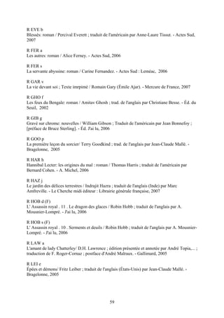 R EVE b
Blessés: roman / Percival Everett ; traduit de l'américain par Anne-Laure Tissut. - Actes Sud,
2007

R FER a
Les autres: roman / Alice Ferney. - Actes Sud, 2006

R FER s
La servante abyssine: roman / Carine Fernandez. - Actes Sud : Leméac, 2006

R GAR v
La vie devant soi ; Texte imrpimé / Romain Gary (Émile Ajar). - Mercure de France, 2007

R GHO f
Les feux du Bengale: roman / Amitav Ghosh ; trad. de l'anglais par Christiane Besse. - Éd. du
Seuil, 2002

R GIB g
Gravé sur chrome: nouvelles / William Gibson ; Traduit de l'américain par Jean Bonnefoy ;
[préface de Bruce Sterling]. - Éd. J'ai lu, 2006

R GOO p
La première leçon du sorcier/ Terry Goodkind ; trad. de l'anglais par Jean-Claude Mallé. -
Bragelonne, 2005

R HAR h
Hannibal Lecter: les origines du mal : roman / Thomas Harris ; traduit de l'américain par
Bernard Cohen. - A. Michel, 2006

R HAZ j
Le jardin des délices terrestres / Indrajit Hazra ; traduit de l'anglais (Inde) par Marc
Amfreville. - Le Cherche midi éditeur : Librairie générale française, 2007

R HOB d (F)
L' Assassin royal . 11 . Le dragon des glaces / Robin Hobb ; traduit de l'anglais par A.
Mousnier-Lompré. - J'ai lu, 2006

R HOB s (F)
L' Assassin royal . 10 . Serments et deuils / Robin Hobb ; traduit de l'anglais par A. Mousnier-
Lompré. - J'ai lu, 2006

R LAW a
L'amant de lady Chatterley/ D.H. Lawrence ; édition présentée et annotée par André Topia,... ;
traduction de F. Roger-Cornaz ; postface d'André Malraux. - Gallimard, 2005

R LEI e
Épées et démons/ Fritz Leiber ; traduit de l'anglais (États-Unis) par Jean-Claude Mallé. -
Bragelonne, 2005




                                                59
 
