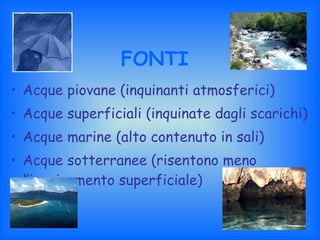 FONTI  Acque piovane (inquinanti atmosferici) Acque superficiali (inquinate dagli scarichi) Acque marine (alto contenuto in sali) Acque sotterranee (risentono meno l’inquinamento superficiale) 