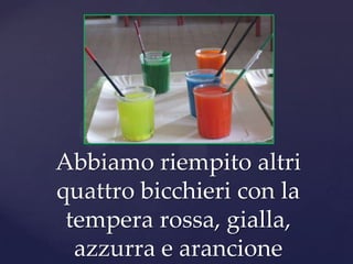 Abbiamo riempito altri
quattro bicchieri con la
 tempera rossa, gialla,
  azzurra e arancione
 