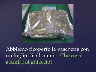 Abbiamo ricoperto la vaschetta con
un foglio di alluminio. Che cosa
accadrà al ghiaccio?
 
