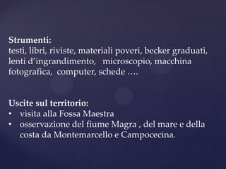 Strumenti:
testi, libri, riviste, materiali poveri, becker graduati,
lenti d’ingrandimento, microscopio, macchina
fotografica, computer, schede ….


Uscite sul territorio:
• visita alla Fossa Maestra
• osservazione del fiume Magra , del mare e della
  costa da Montemarcello e Campocecina.
 