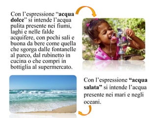 Con l’espressione “acqua
dolce” si intende l’acqua
pulita presente nei fiumi,
laghi e nelle falde
acquifere, con pochi sali e
buona da bere come quella
che sgorga dalle fontanelle
al parco, dal rubinetto in
cucina o che compri in
bottiglia al supermercato.
Con l’espressione “acqua
salata” si intende l’acqua
presente nei mari e negli
oceani.
 