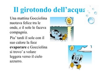 Il girotondo dell’acqua
Una mattina Gocciolina
nuotava felice tra le
onde, e il sole le faceva
compagnia.
Piu’ tardi il sole con il
suo calore la fece
evaporare e Gocciolina
si trovo’ a volare
leggera verso il cielo
azzurro.
 