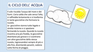 Il sole riscalda l'acqua del mare e dei
fiumi. L’aria calda che sale verso l'alto,
si raffredda lentamente e si trasforma
in tante goccioline che formano la
nuvola.
Le goccioline stanno tutte legate e
strette insieme e si spostano
formando la nuvola. Quando la nuvola
incontra aria più fredda, le goccioline
diventano più grosse e si scontrano
con altre goccioline della stessa
nuvola, ingrossandosi sempre di più e
alla fine, diventando pesanti, cadono
sotto forma di pioggia.
IL CICLO DELL’ ACQUA
 