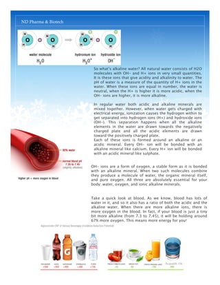 ND Pharma & Biotech




                       So what’s alkaline water? All natural water consists of H2O
                       molecules with OH- and H+ ions in very small quantities.
                       It is these ions that give acidity and alkalinity to water. The
                       pH of water is a measure of the quantity of H+ ions in the
                       water. When these ions are equal in number, the water is
                       neutral, when the H+ is higher it is more acidic, when the
                       OH- ions are higher, it is more alkaline.

                       In regular water both acidic and alkaline minerals are
                       mixed together. However, when water gets charged with
                       electrical energy, ionization causes the hydrogen within to
                       get separated into hydrogen ions (H+) and hydroxide ions
                       (OH-). This separation happens when all the alkaline
                       elements in the water are drawn towards the negatively
                       charged plate and all the acidic elements are drawn
                       toward the positively charged plate.
                       Each of these ions is formed around an alkaline or an
                       acidic mineral. Every OH- ion will be bonded with an
                       alkaline mineral like calcium. Every H+ ion will be bonded
                       with an acidic mineral like sulphate.


                      OH- ions are a form of oxygen, a stable form as it is bonded
                      with an alkaline mineral. When two such molecules combine
                      they produce a molecule of water, the organic mineral itself,
                      and pure oxygen. All three are absolutely essential for your
                      body: water, oxygen, and ionic alkaline minerals.


                      Take a quick look at blood. As we know, blood has lots of
                      water in it, and so it also has a ratio of both the acidic and the
                      alkaline water. When there are more alkaline ions, there is
                      more oxygen in the blood. In fact, if your blood is just a tiny
                      bit more alkaline (from 7.3 to 7.45), it will be holding around
                      67% more oxygen. This means more energy for you!




                                                                Acqualife TM
 