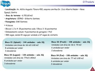 O Produto


• Localização: Av. Abílio Augusto Távora 450, esquina com Rua Dr. Juiz Alberto Nader – Nova
Iguaçú, Centro
• Área do terreno – 6.701,60 m2
• Arquitetura: CEPRO – Gilberto Santana
• Paisagismo: DW/Santana

• 4 blocos
• Blocos 1, 2 e 4: 18 pavimentos cada / Bloco 3: 16 pavimentos
• Embasamento comum: 4 pavimentos de garagens + PUC
• 488 vagas, sendo 01 vaga por unidade e 67 vagas de visitante


Bloco 01 (Splash) – 144 unidades – sala 2Q             Bloco 02 (Fresh) – 108 unidades – sala 2Q
Unidades com áreas de: 66 m2 à 68 m2                   Unidades com área de: 66 à 70 m2
8 unidades por andar                                   6 unidades por andar
3 elevadores                                           2 elevadores

Bloco 03 (Lagoon) – 128 unidades – sala 3Q             Bloco 04 (Fun) – 108 unidades – sala 3Q
Unidades com área de: 77m2 à 80m2                      Unidades com área de: 77 m2 à 80 m2
8 unidades por andar                                   6 unidades por andar
3 elevadores                                           2 elevadores
 