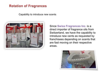 Capability to introduce new scents



                            Since Swiss Fragrances Inc. is a
                            direct importer of fragrance oils from
                            Switzerland, we have the capability to
                            introduce new cents as requested by
                            franchisees depending on scents that
                            are fast moving on their respective
                            areas.
 