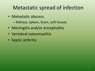 Metastatic spread of infection
• Metastatic abscess
  – Kidneys, spleen, brain, soft tissues
• Meningitis and/or encephalitis
• Vertebral osteomyelitis
• Septic arthritis




                                           103
 
