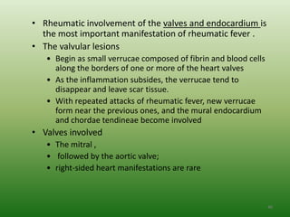 • Rheumatic involvement of the valves and endocardium is
  the most important manifestation of rheumatic fever .
• The valvular lesions
   • Begin as small verrucae composed of fibrin and blood cells
     along the borders of one or more of the heart valves
   • As the inflammation subsides, the verrucae tend to
     disappear and leave scar tissue.
   • With repeated attacks of rheumatic fever, new verrucae
     form near the previous ones, and the mural endocardium
     and chordae tendineae become involved
• Valves involved
   • The mitral ,
   • followed by the aortic valve;
   • right-sided heart manifestations are rare



                                                                  40
 
