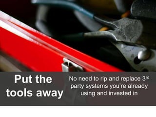 Put the
tools away

No need to rip and replace 3rd
party systems you’re already
using and invested in

 