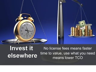 Invest it
elsewhere

No license fees means faster
time to value, use what you need
means lower TCO

 