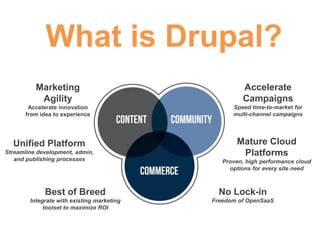 What is Drupal?
Marketing
Agility

Accelerate
Campaigns

Accelerate innovation
from idea to experience

Speed time-to-market for
multi-channel campaigns

Unified Platform
Streamline development, admin,
and publishing processes

Mature Cloud
Platforms
Proven, high performance cloud
options for every site need

Best of Breed

No Lock-in

Integrate with existing marketing
toolset to maximize ROI

Freedom of OpenSaaS

 