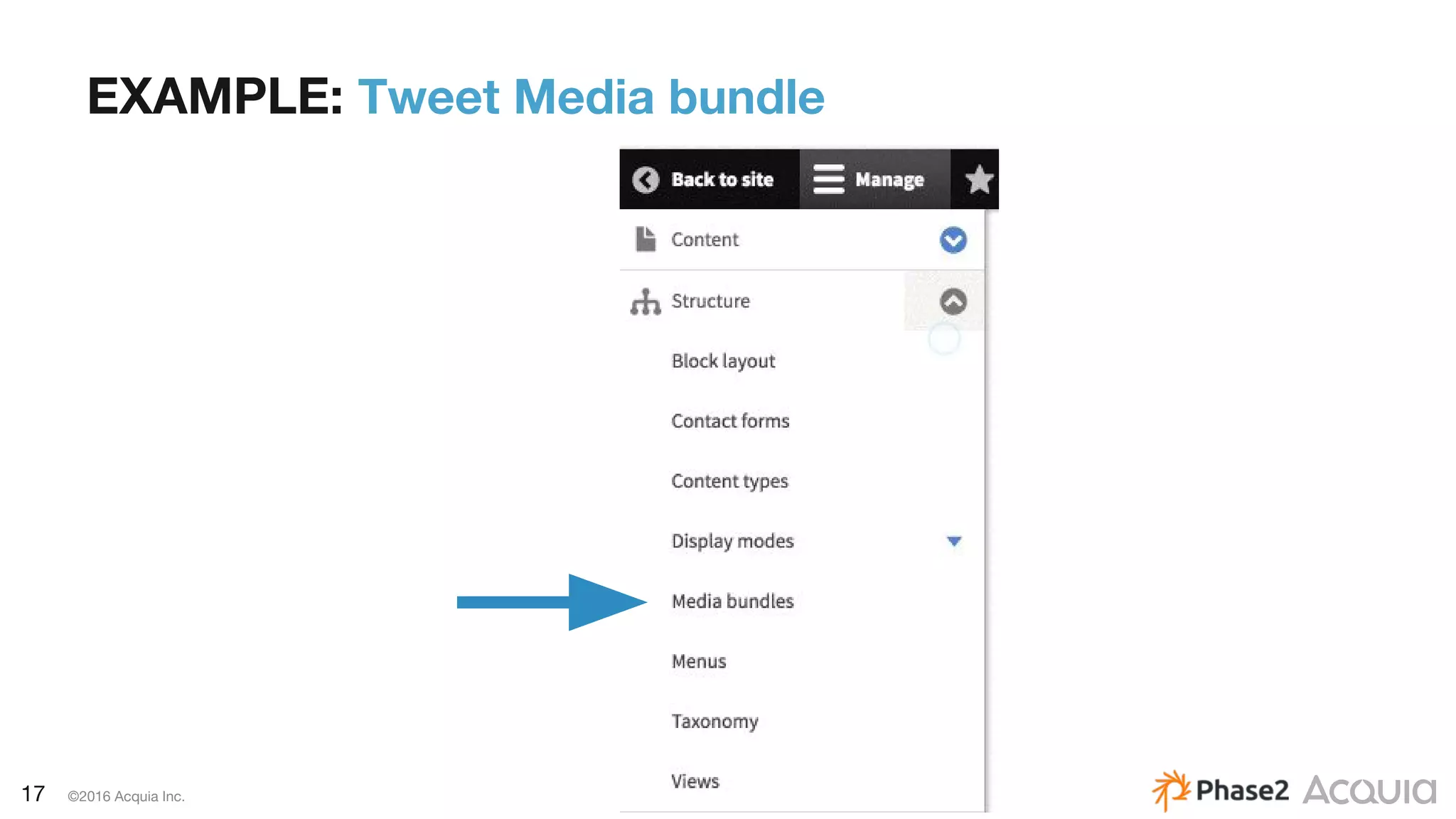 17 ©2016 Acquia Inc.
EXAMPLE: Tweet Media bundle
 