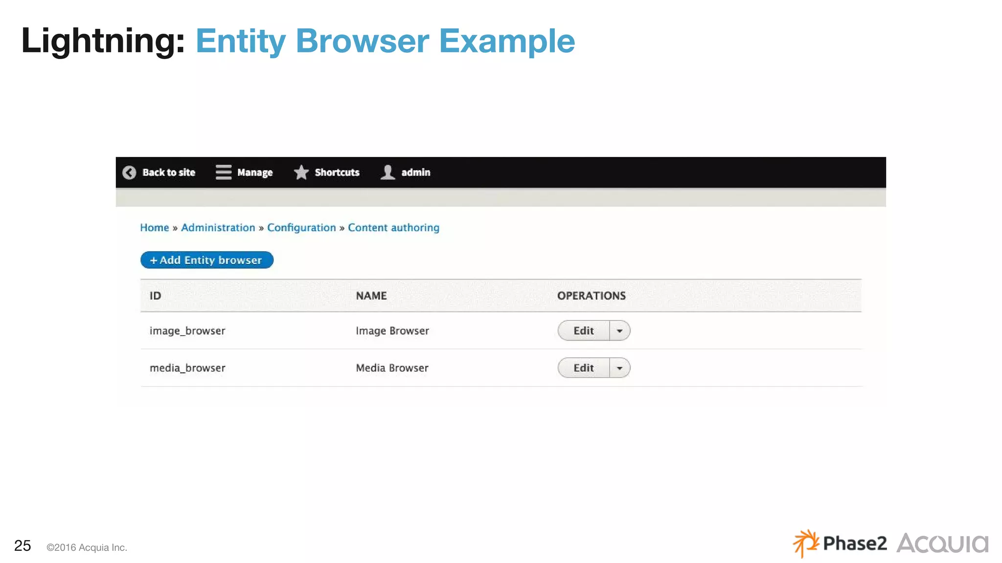 25 ©2016 Acquia Inc.
Lightning: Entity Browser Example
 