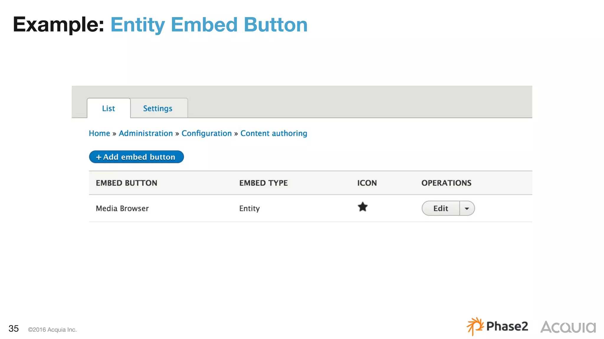 35 ©2016 Acquia Inc.
Example: Entity Embed Button
 