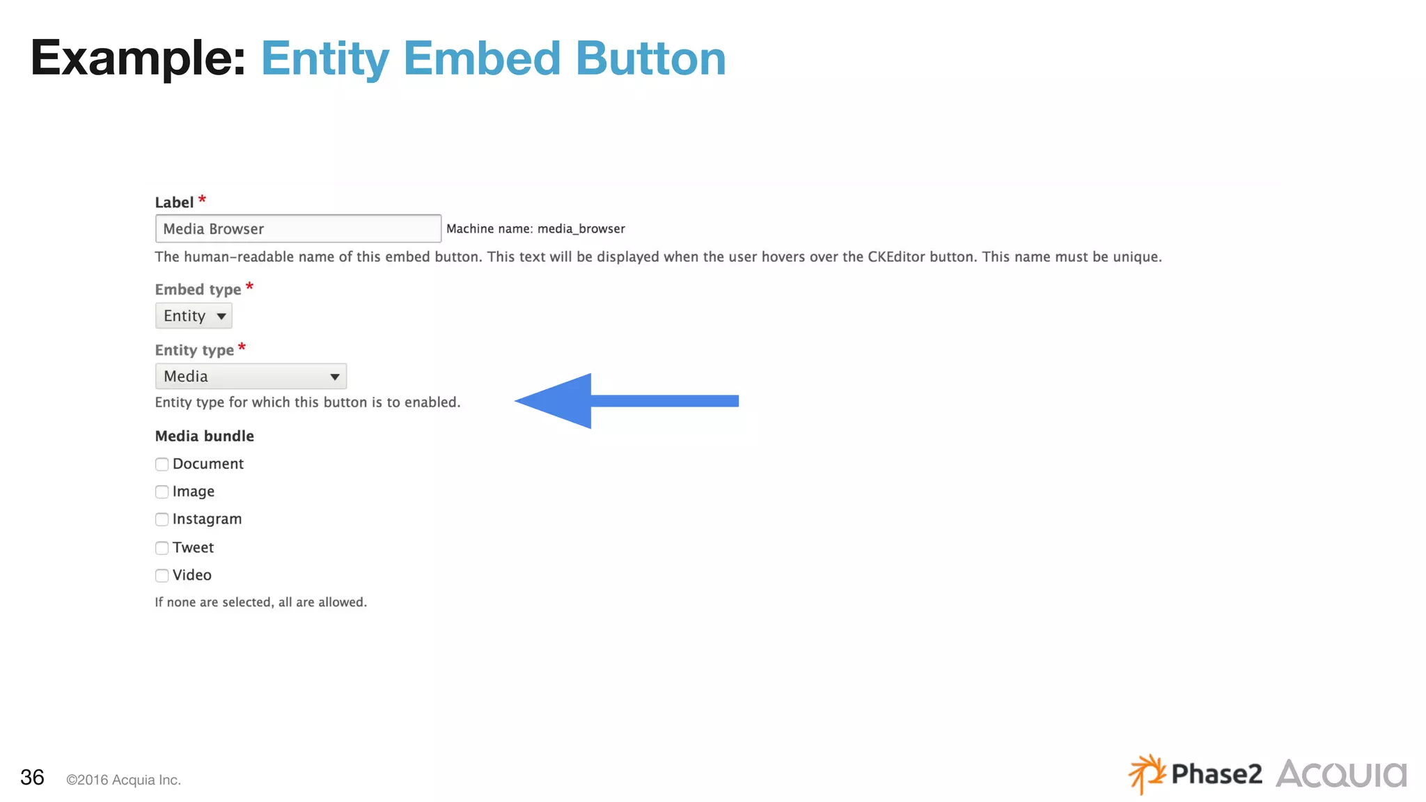 36 ©2016 Acquia Inc.
Example: Entity Embed Button
 