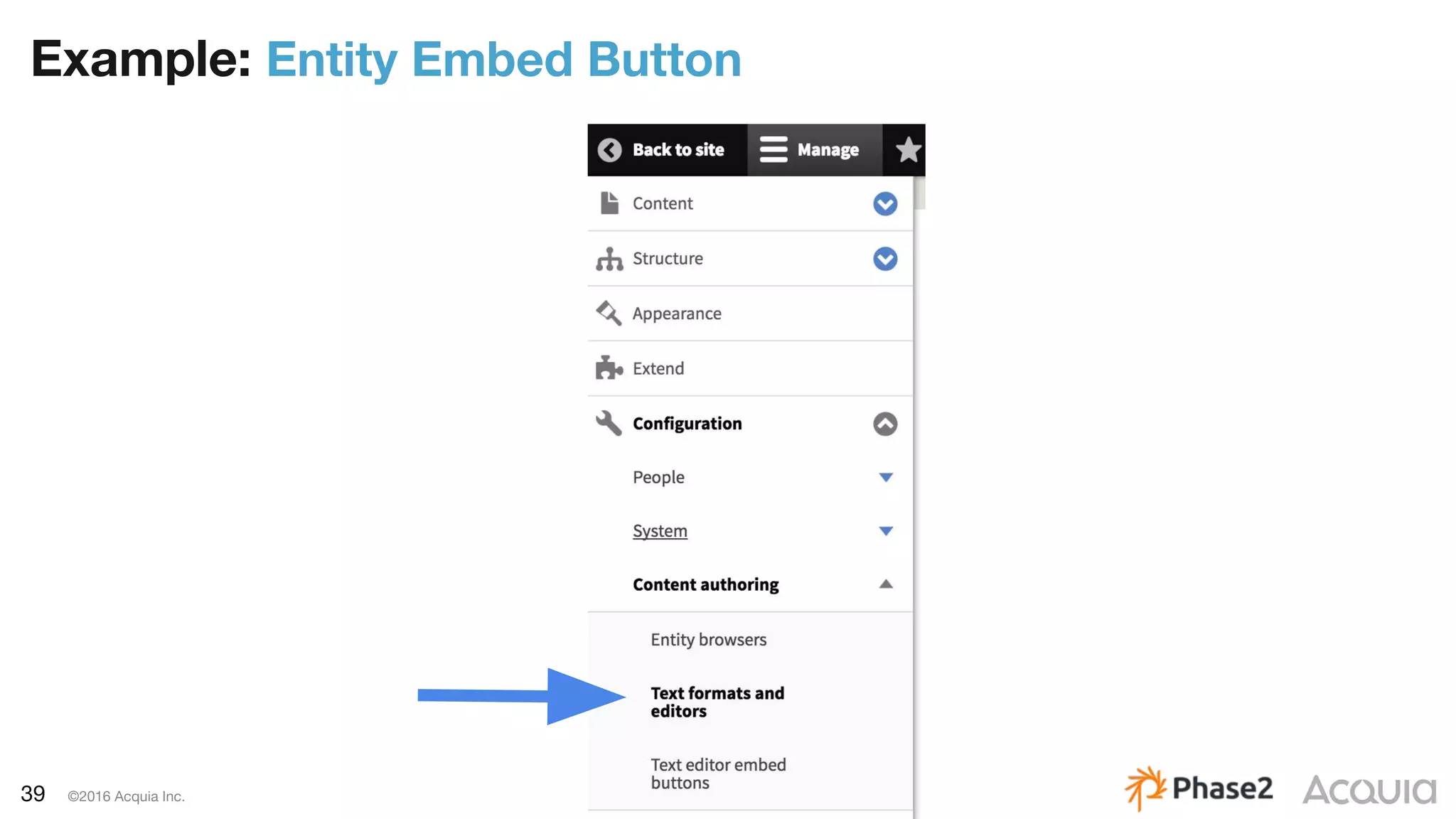 39 ©2016 Acquia Inc.
Example: Entity Embed Button
 