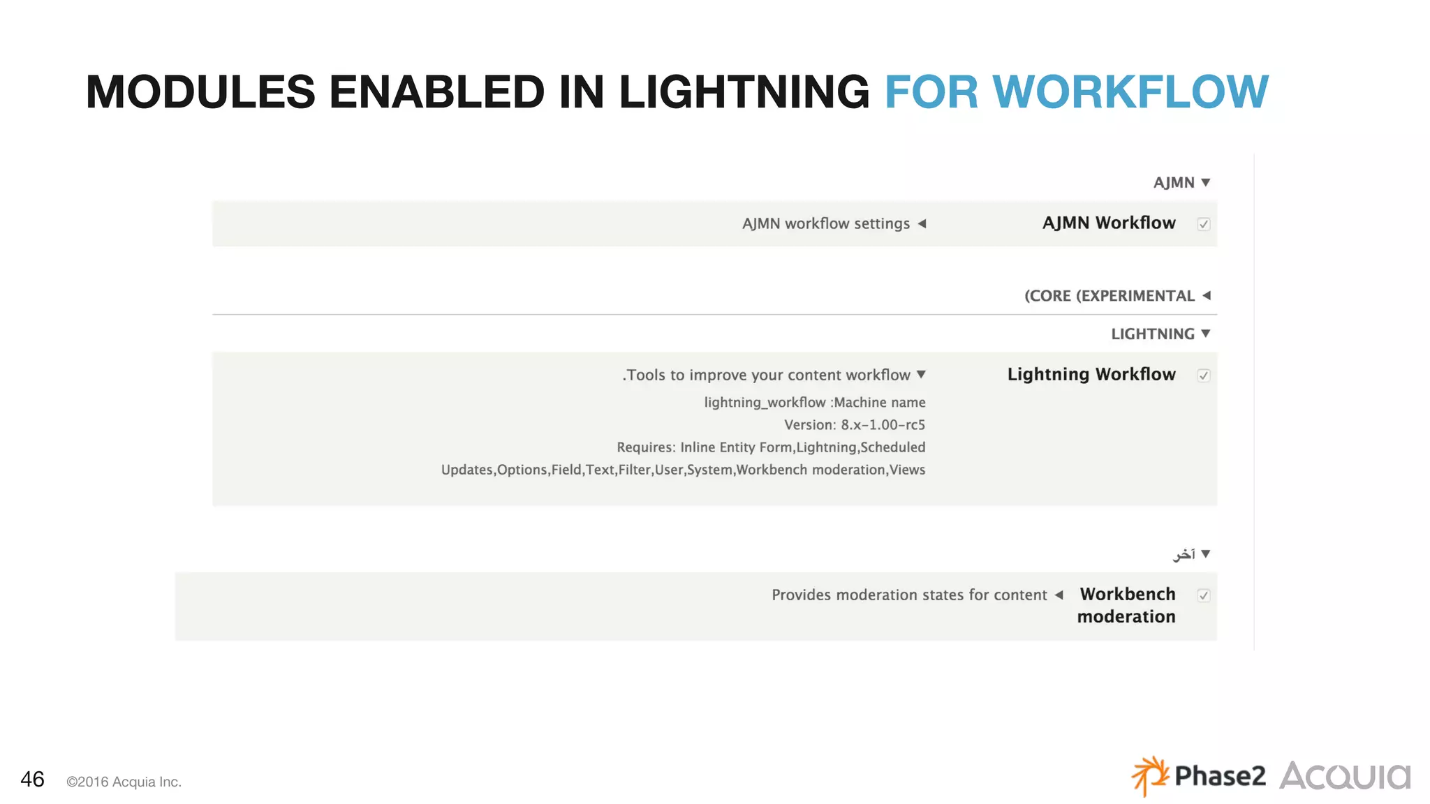 46 ©2016 Acquia Inc.
MODULES ENABLED IN LIGHTNING FOR WORKFLOW
 