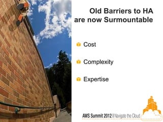 Old Barriers to HA
are now Surmountable


  Cost

  Complexity

  Expertise
 