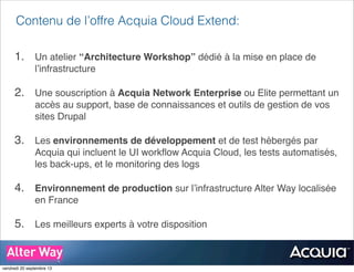 Contenu de l’offre Acquia Cloud Extend:
1. Un atelier “Architecture Workshop” dédié à la mise en place de
l’infrastructure
2. Une souscription à Acquia Network Enterprise ou Elite permettant un
accès au support, base de connaissances et outils de gestion de vos
sites Drupal
3. Les environnements de développement et de test hébergés par
Acquia qui incluent le UI workﬂow Acquia Cloud, les tests automatisés,
les back-ups, et le monitoring des logs
4. Environnement de production sur l’infrastructure Alter Way localisée
en France
5. Les meilleurs experts à votre disposition
vendredi 20 septembre 13
 