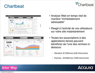 Chartbeat
• Analyse Web en temps réel de
manière “immédiatement
adressable”
• Reagit à l’activité de vos utilisateurs
sur votre site instantanément
• Toutes les souscriptions à des
applications tierces peuvent
bénéﬁcier de l’une des remises ci-
dessous:
- Standard: $7.95$/mois (24$ d’économie)
- Etendue : 39.95$/mois (120$ d’économie)
vendredi 20 septembre 13
 